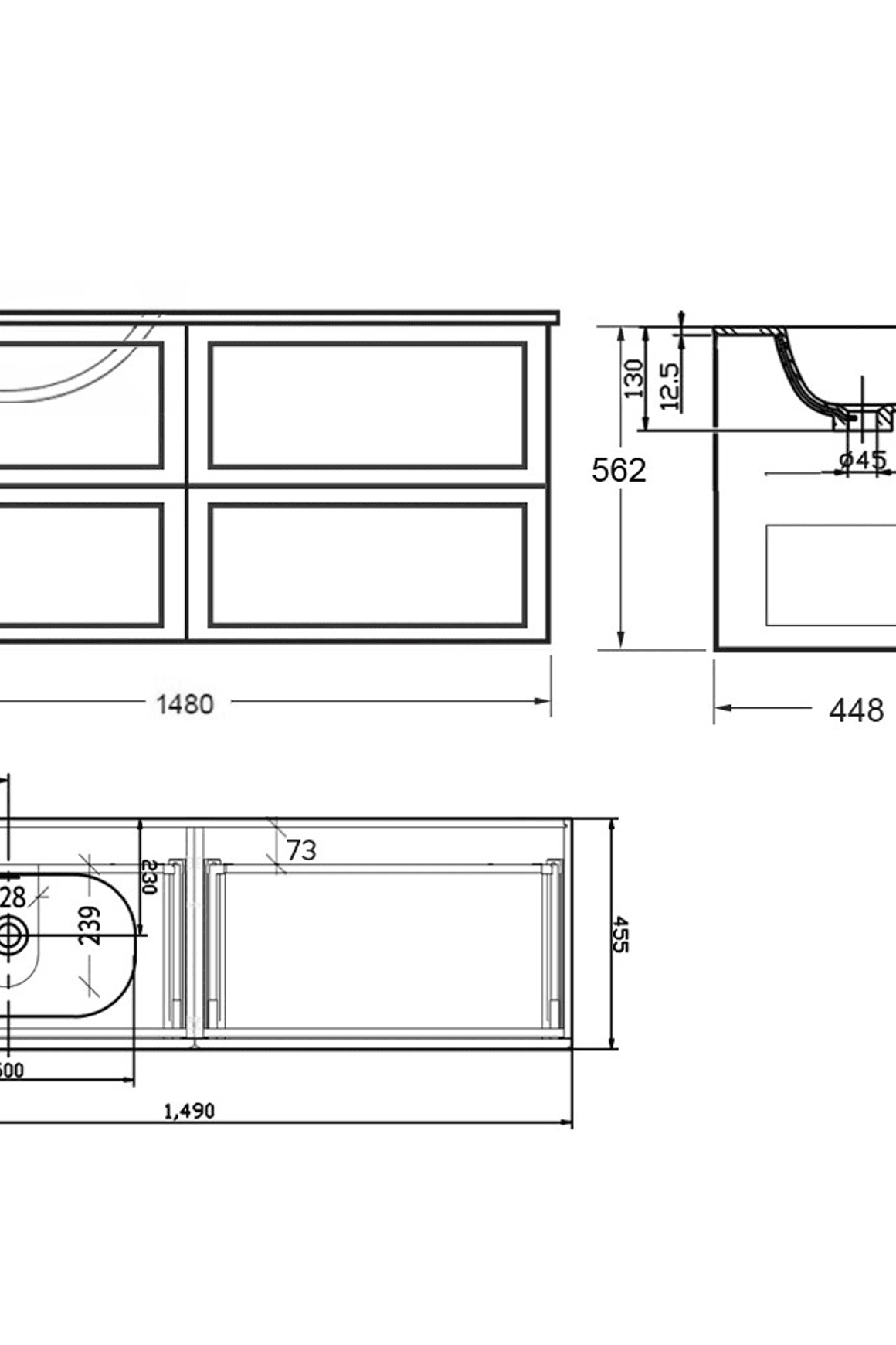 Telaio 1500 Single Left Bowl 4 Drawer Wall Vanity