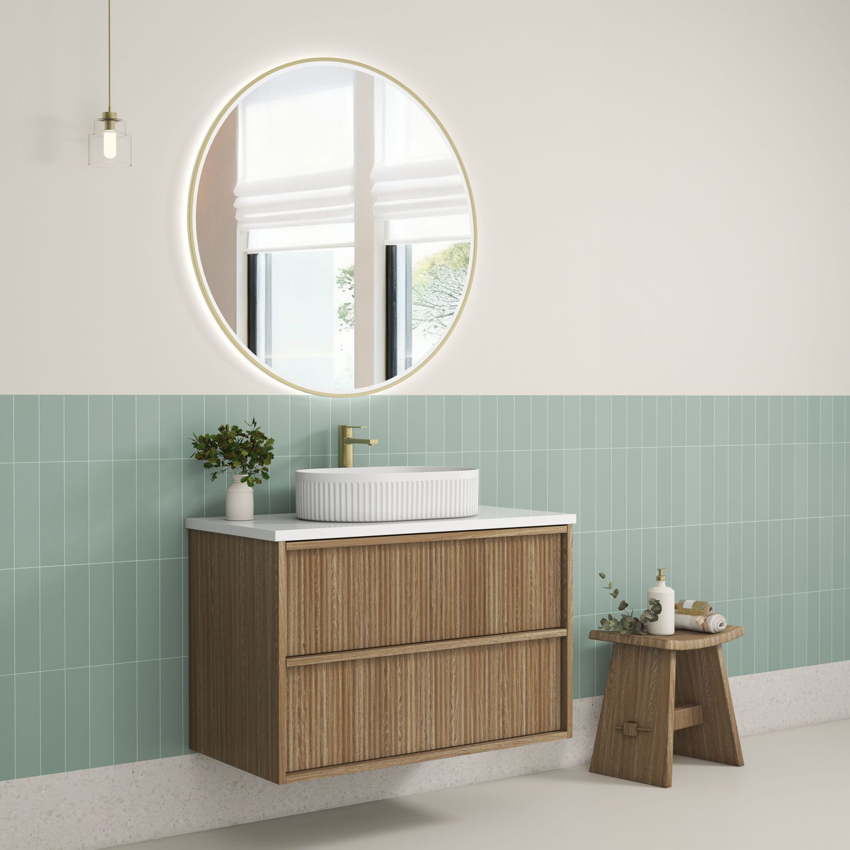 Aulic Venetta Fluted Wall Hung 900m Harvest Oak Cabinet
