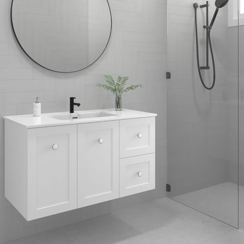 Vienna 900 Shaker Wall Hung Vanity RH Dr Satin White