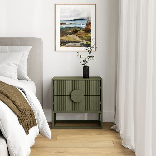 Braxton 2 Drawer Ripple Slatted Bedside Table | Olive Green