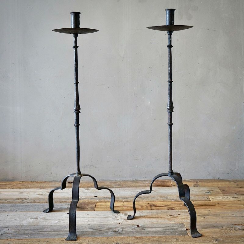 Large Antique Italian Wrought-Iron Candlesticks (Pair)