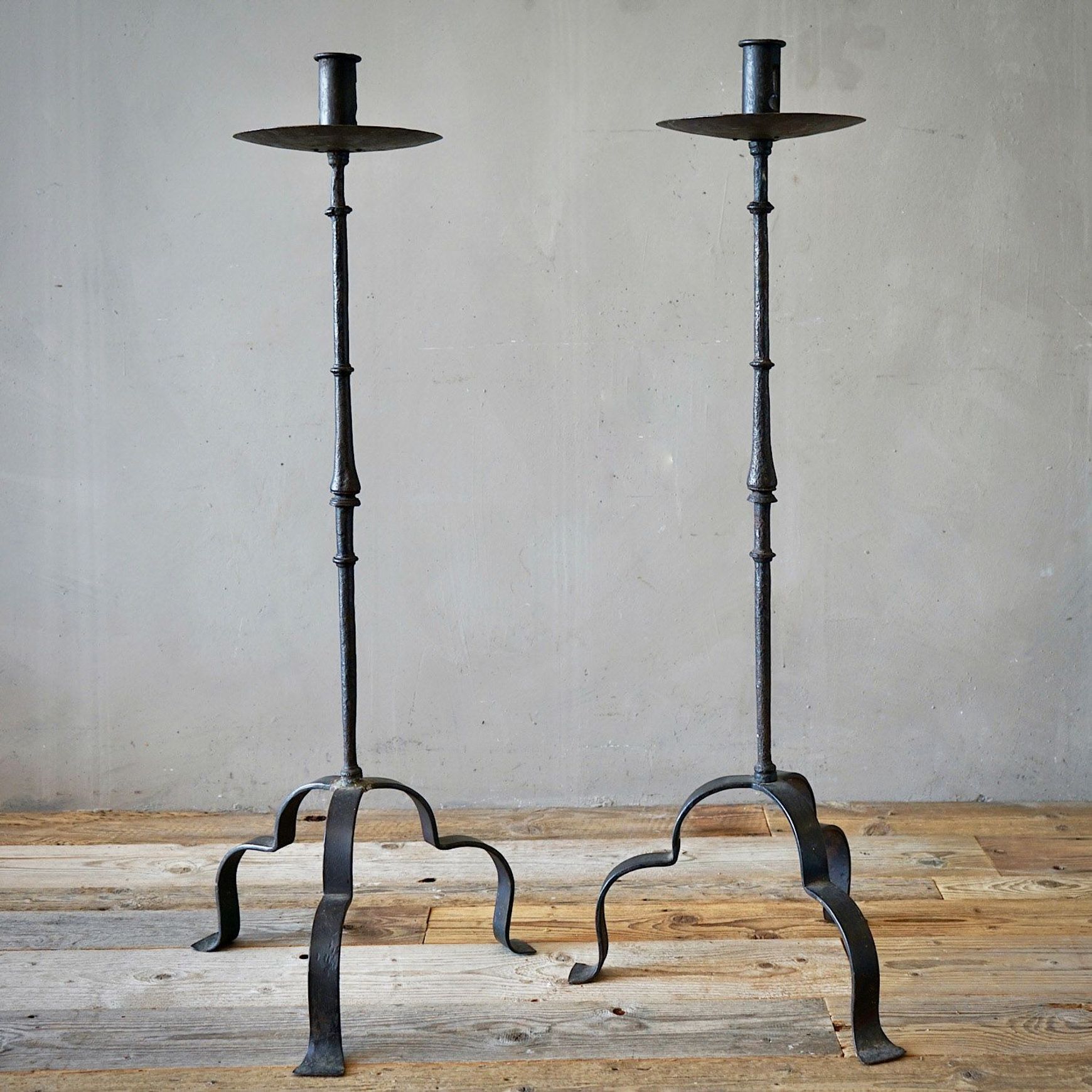 Large Antique Italian Wrought-Iron Candlesticks (Pair)