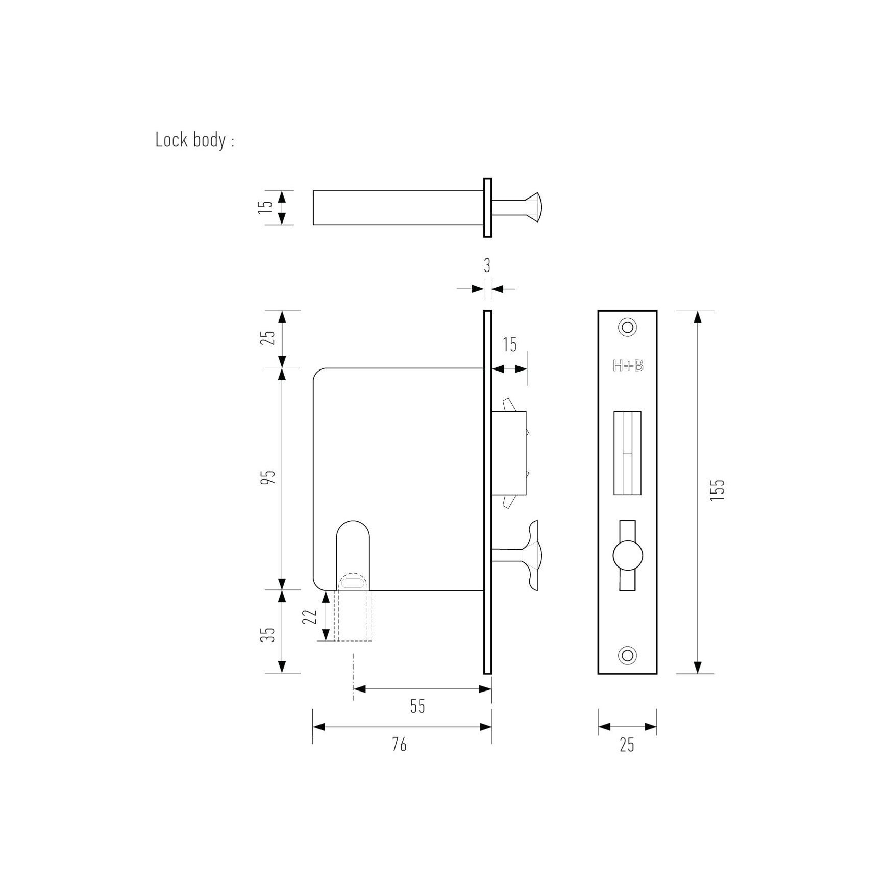 HB695 250mm Sliding Door Privacy Lock – 55mm Backset