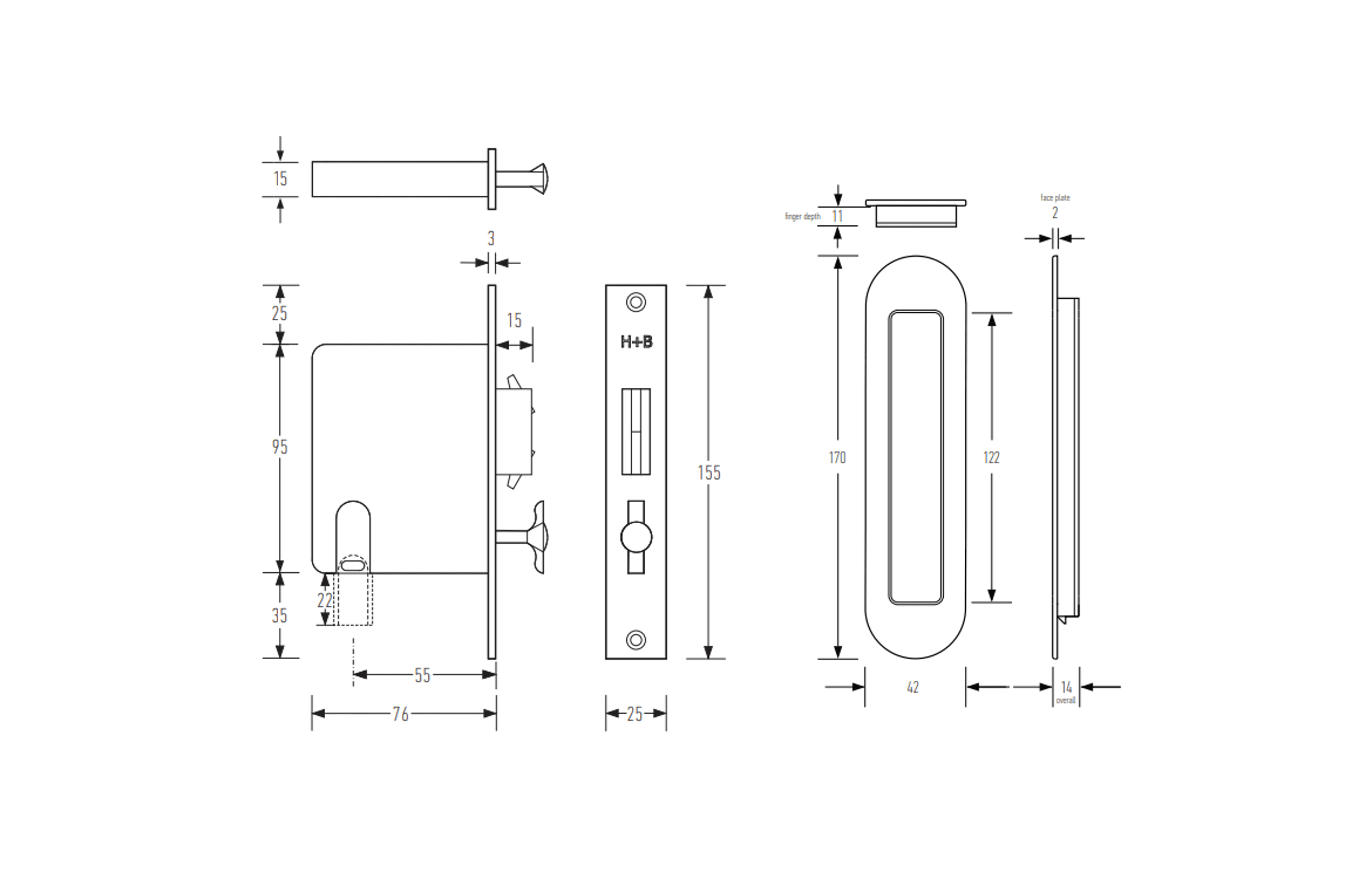 HB890 Brass Soft Edge Privacy Lock for Sliding Doors