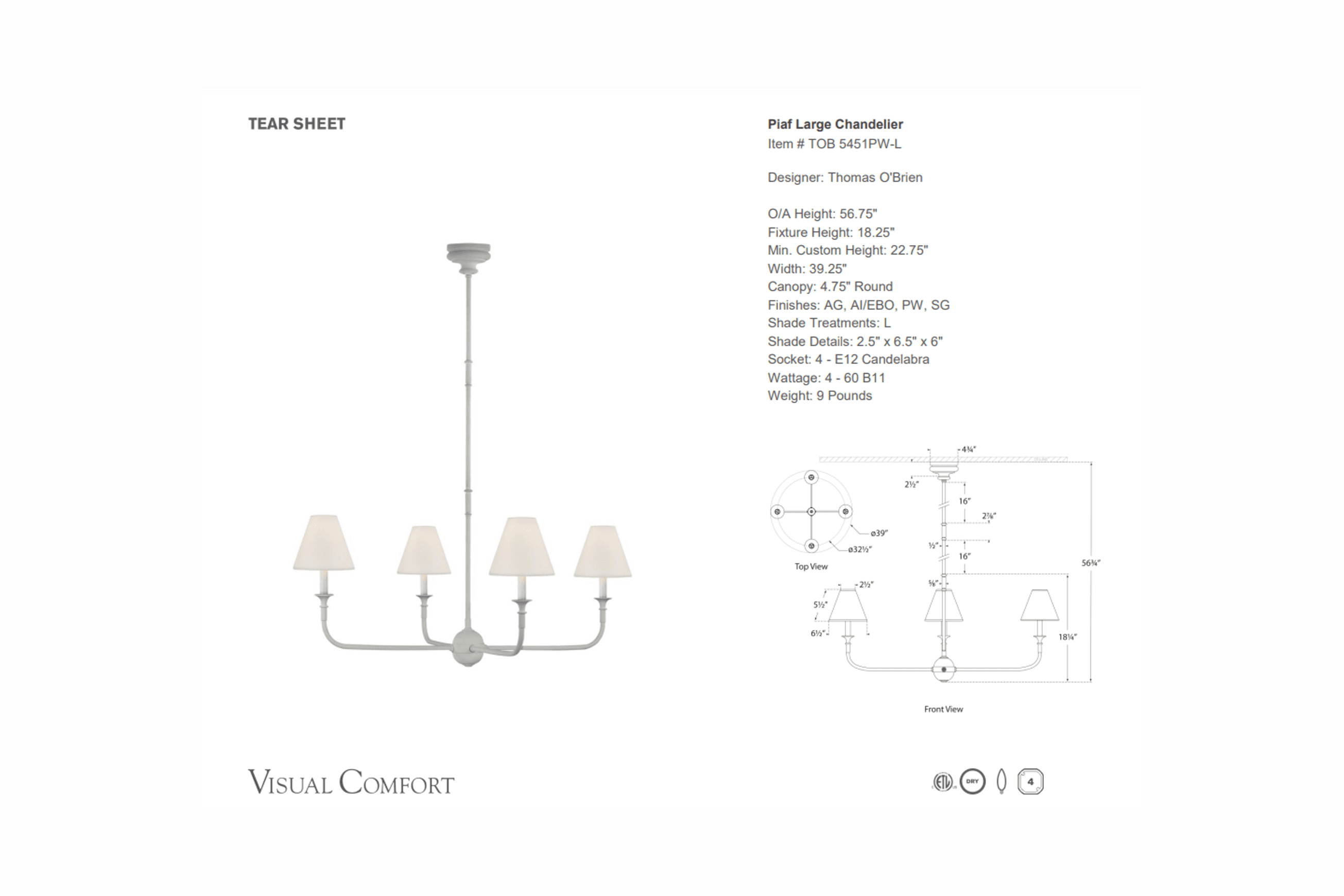 Thomas O'Brien Piaf Large Chandelier