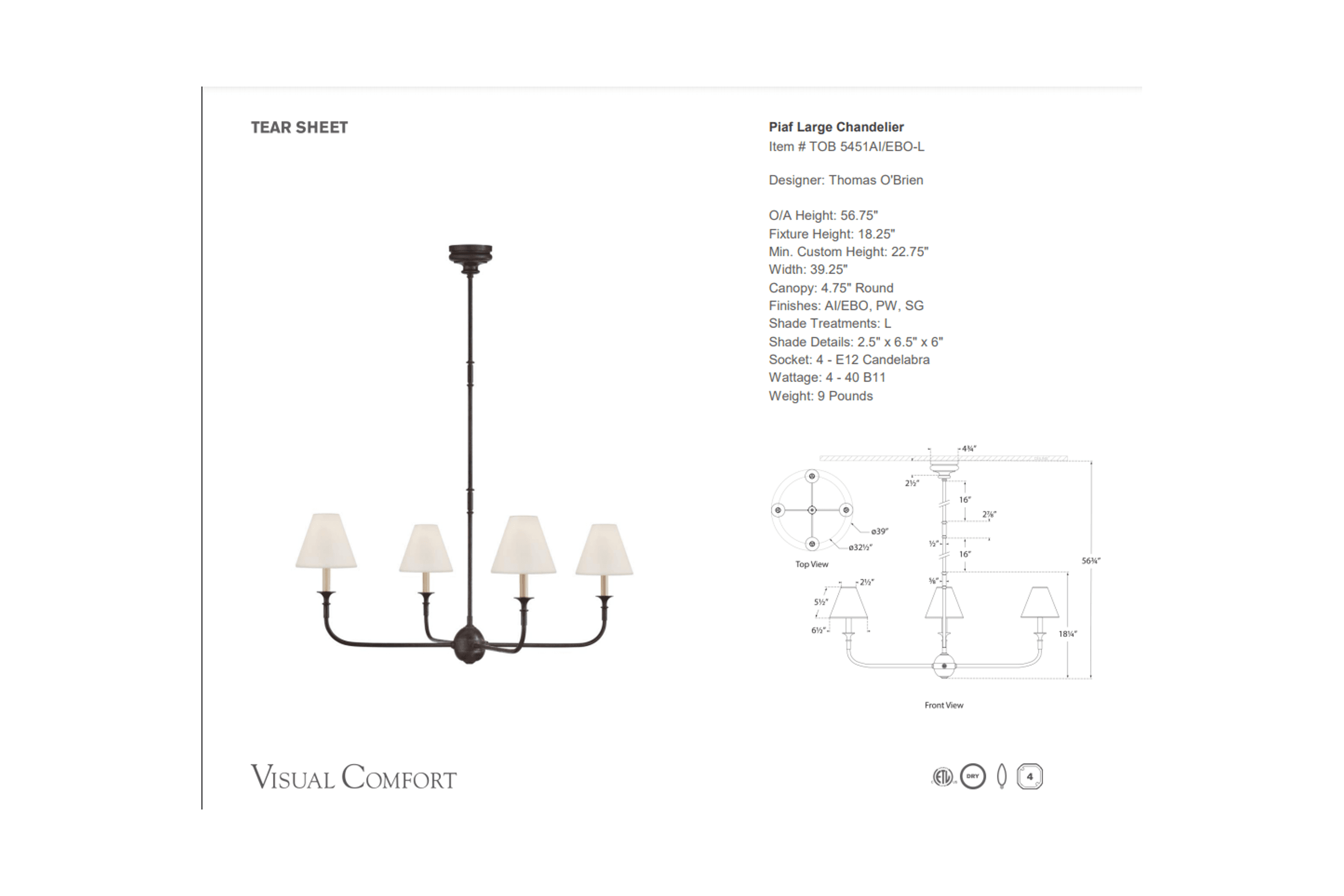 Thomas O'Brien Piaf Large Chandelier