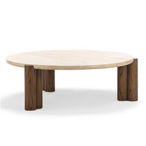 Amaya 110cm Round Travertine Coffee Table | Cream & Brown Oak
