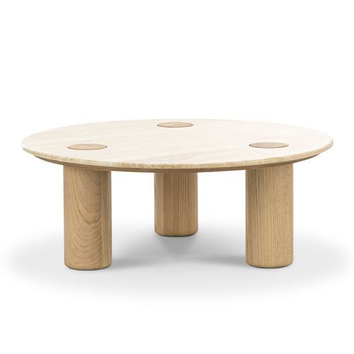 Ayra 100cm Round Travertine Coffee Table | Cream & Natural Oak