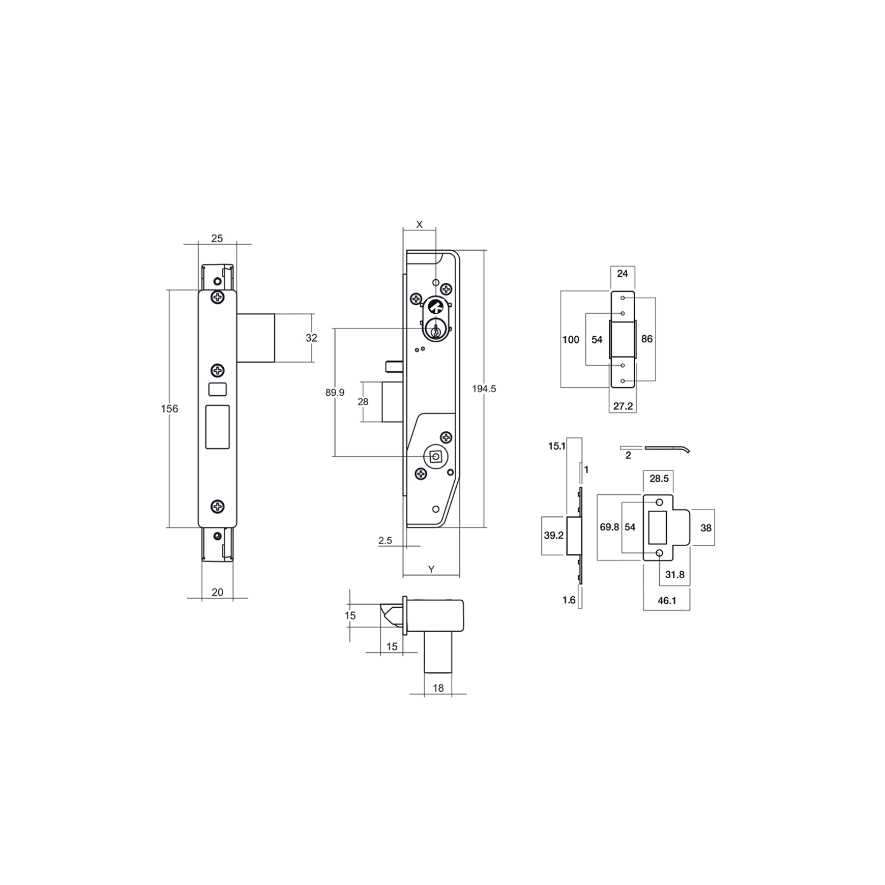 Lockwood Narrow Mortice Lock Kit Cyl/Handles Black dimensions