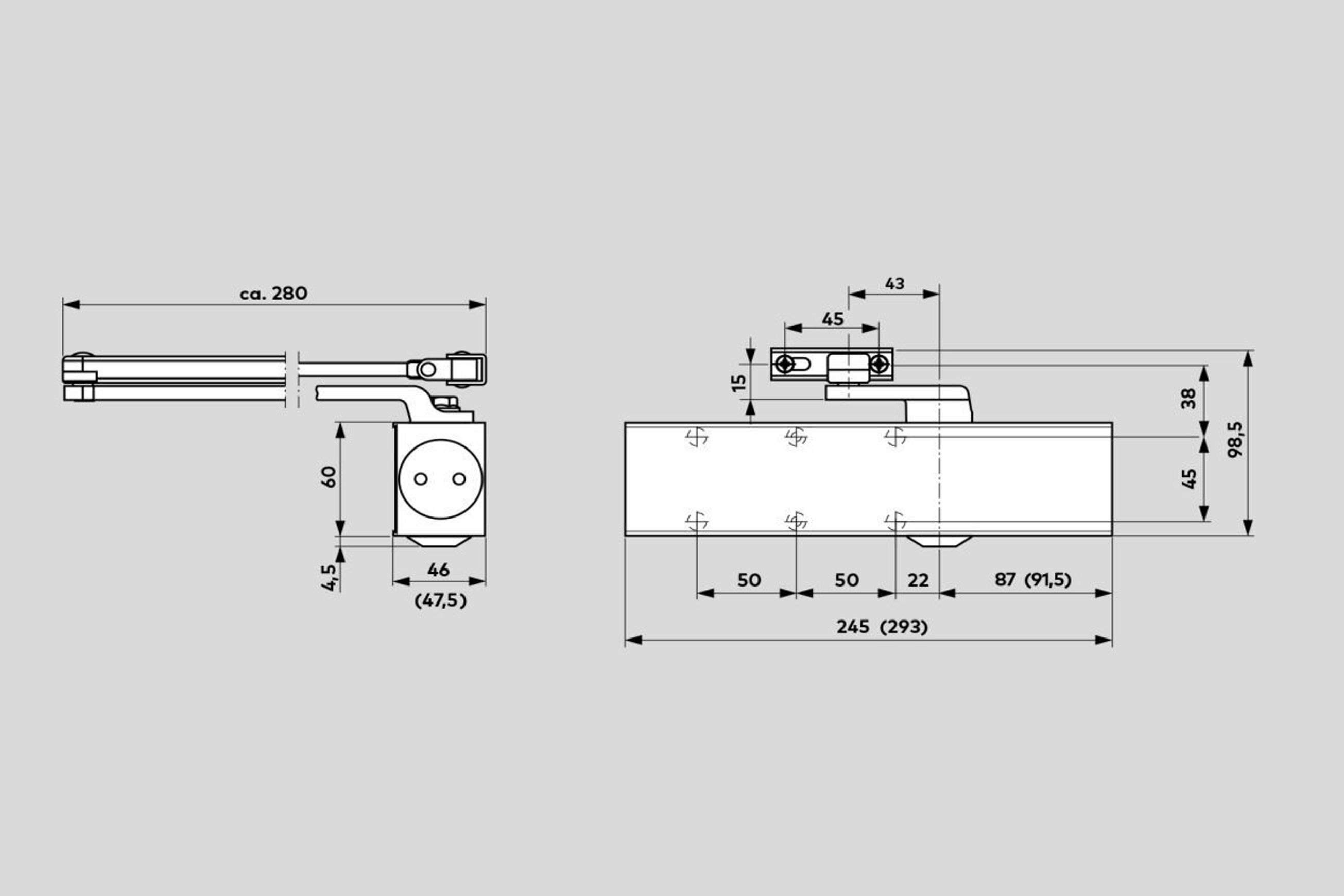 Dorma TS83 EN3-6 Door Closer Fire Rated Gold 38020802 dimensions