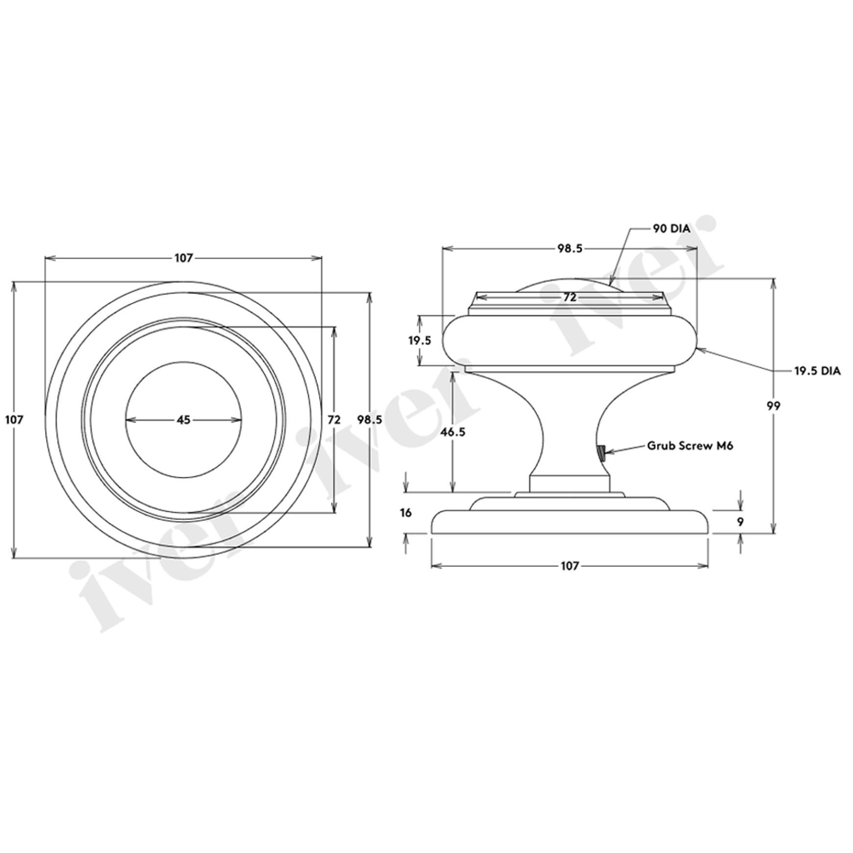 Iver Sarlat Centre Door Knob 107mm x 100mm Matt Black 9403 dimensions