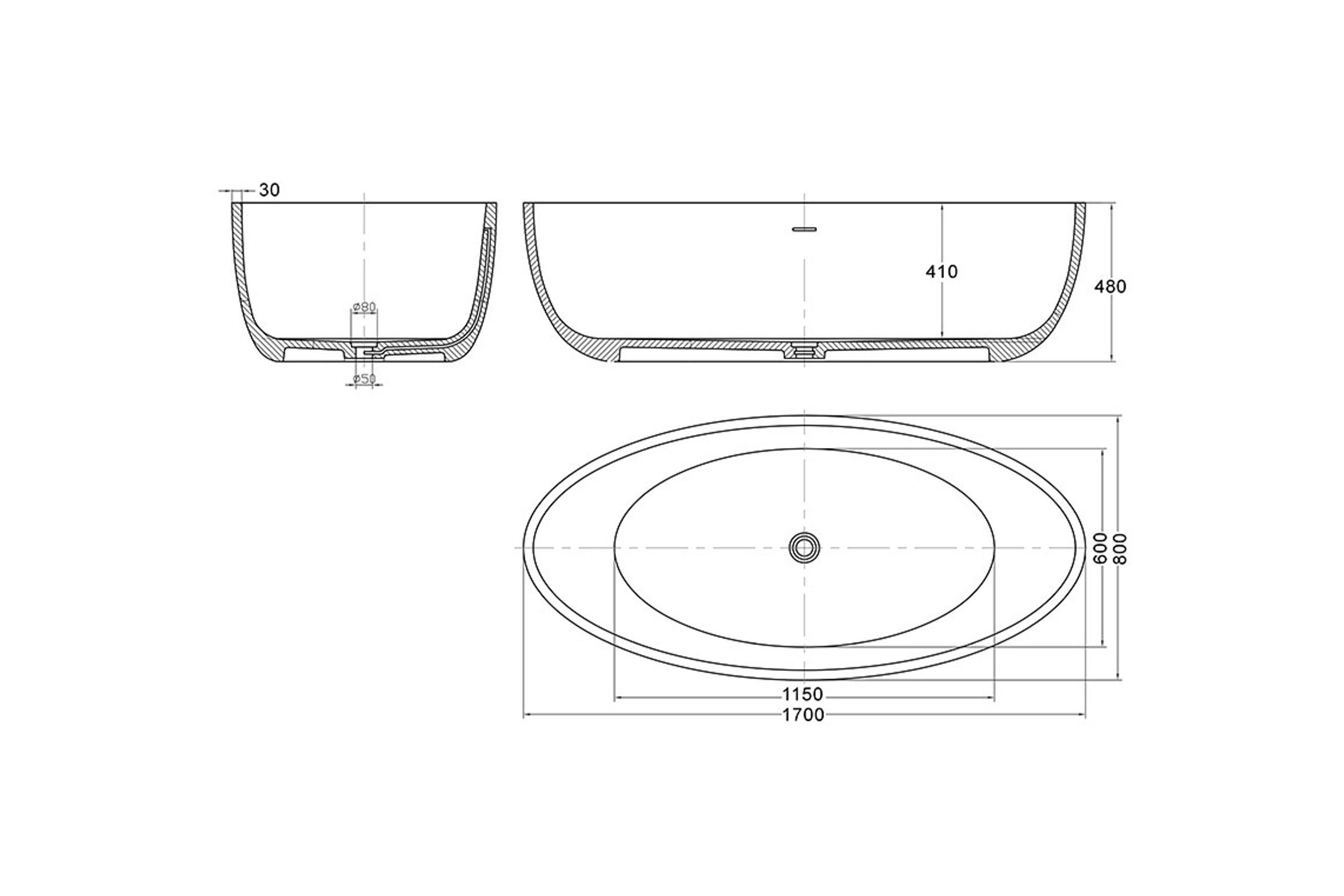 Quila 1700mm Freestanding Bath Snow Quartz dimensions