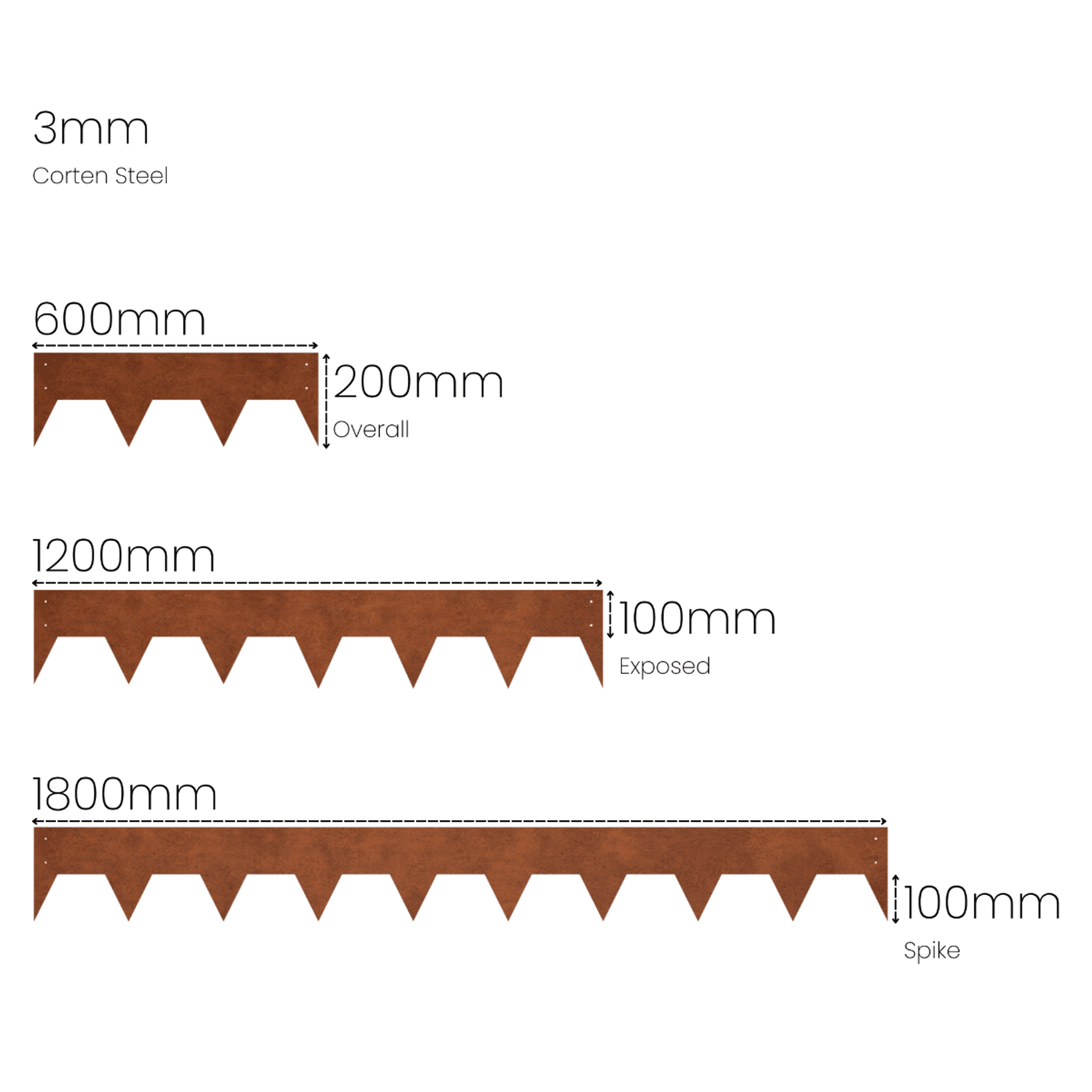 100 mm High. Corten Steel Garden Edging 3.00 mm Thick