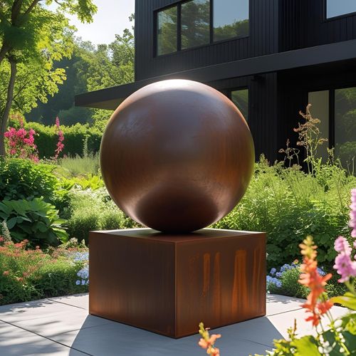 Corten Sphere on Plinth Sculpture