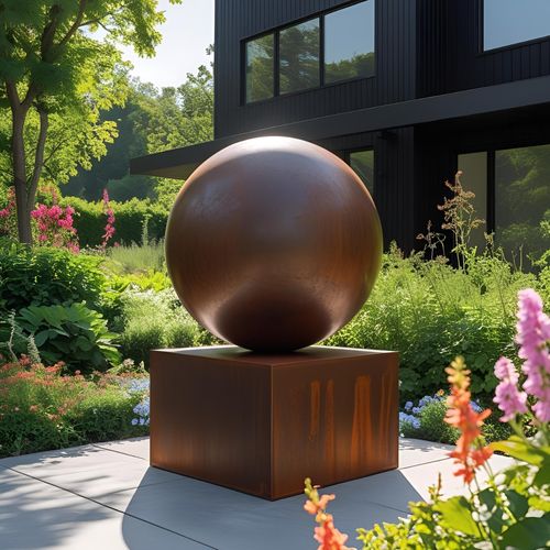 Corten Sphere on Plinth Sculpture
