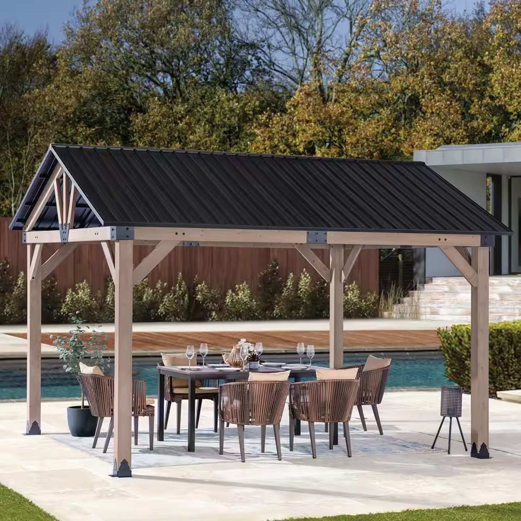 Cedar Wood Patio Gazebo with Black Hard Top Roof