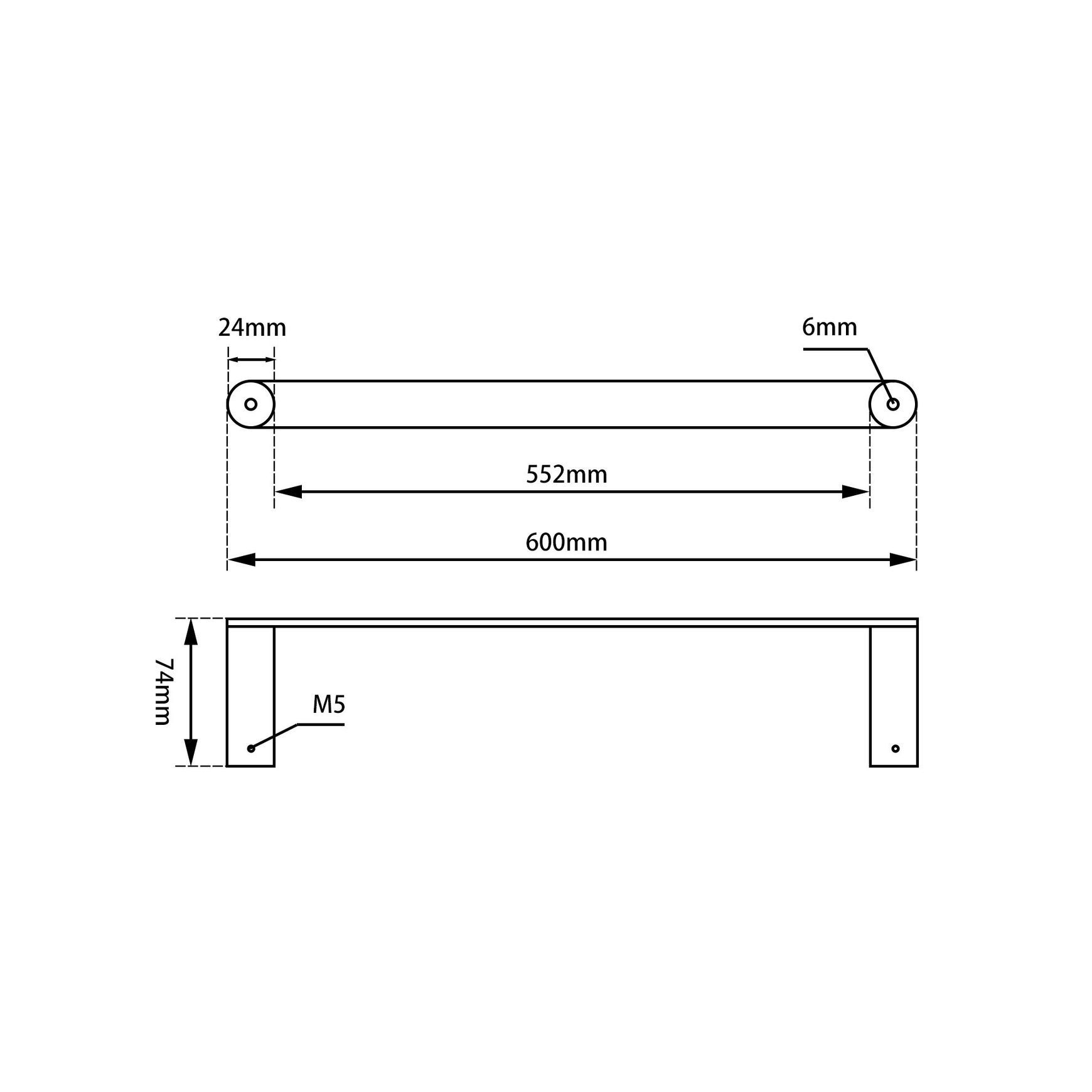 Rushy Single Towel Rail 600mm Matte Black dimensions