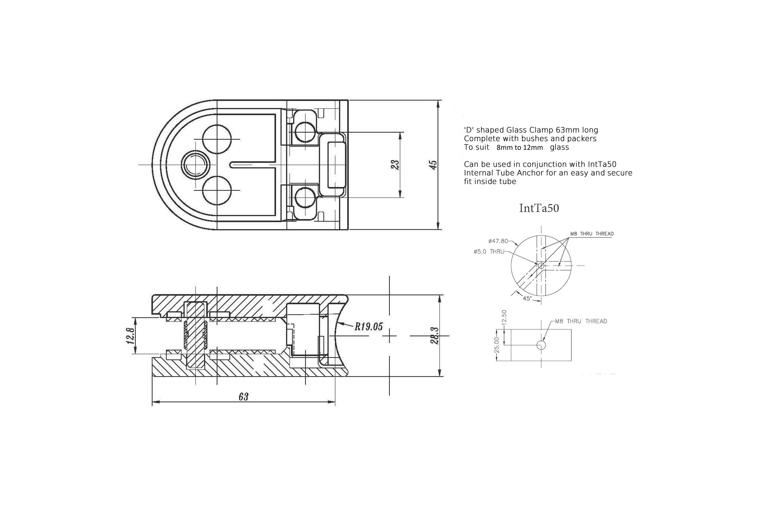 Glass Clamp 63.38 - 316 stainless steel dimensions