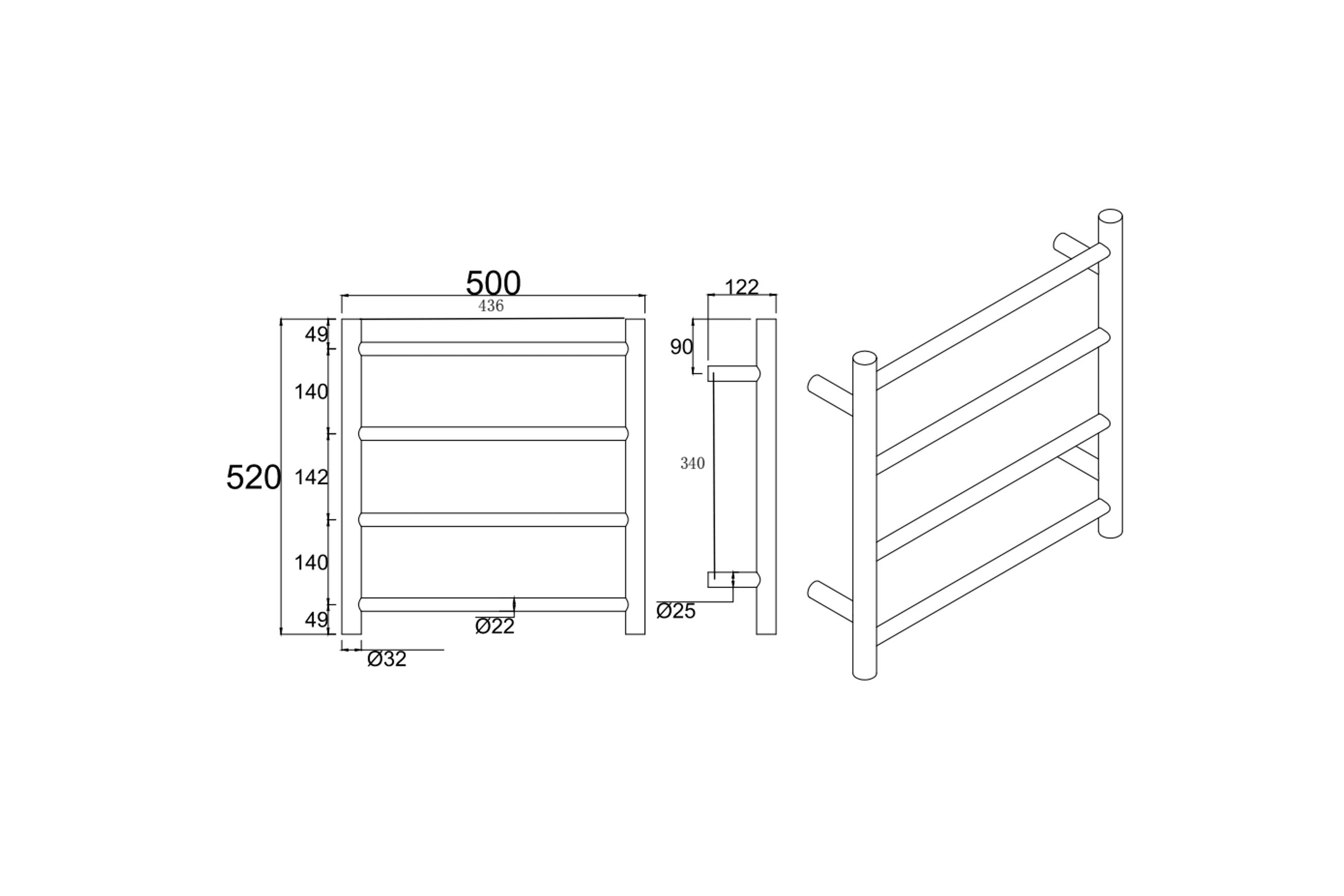 Round Electric Heated Towel Rack 4 Bars dimensions