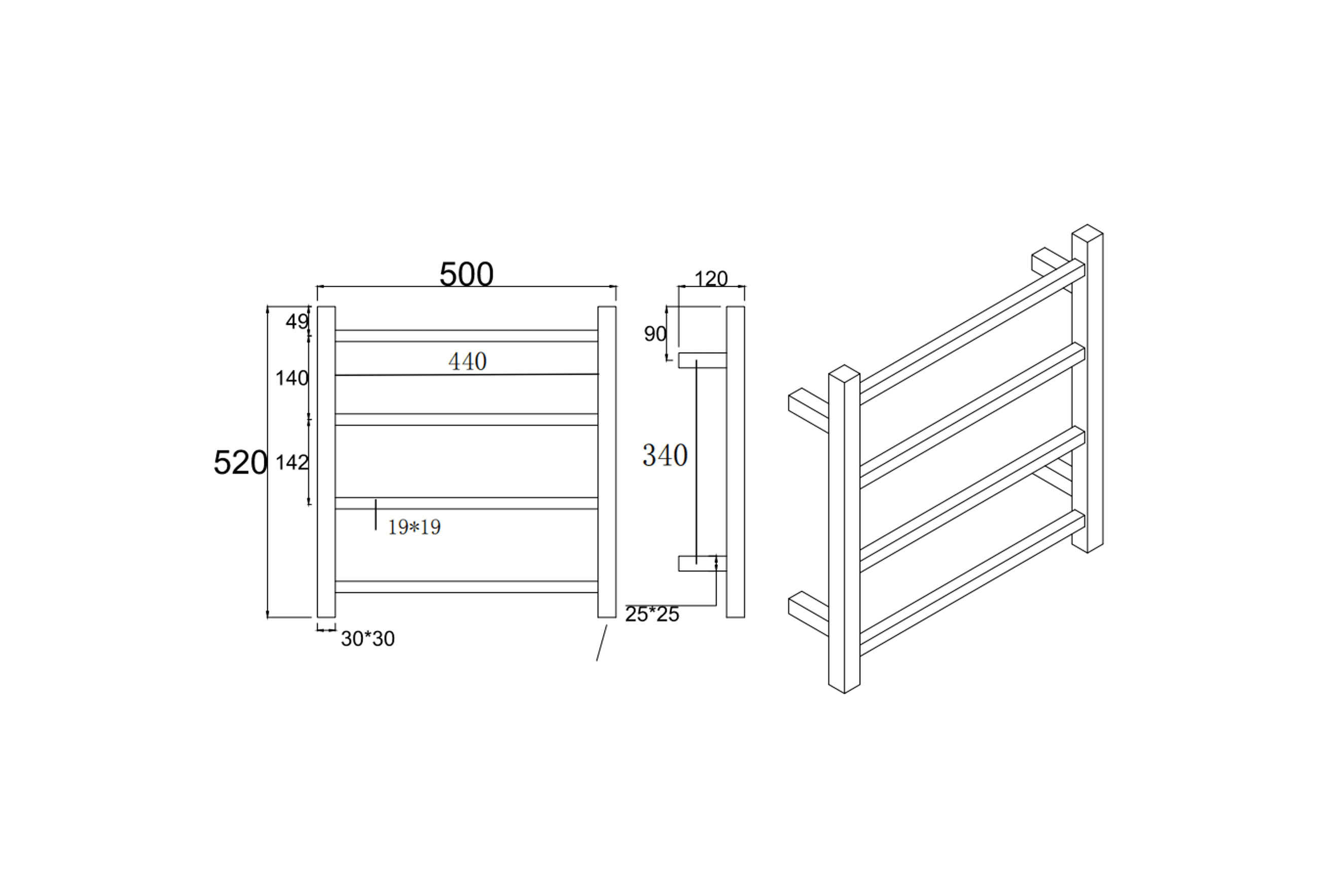 Square Electric Heated Towel Rack 4 Bars BUGM04.S.HTR