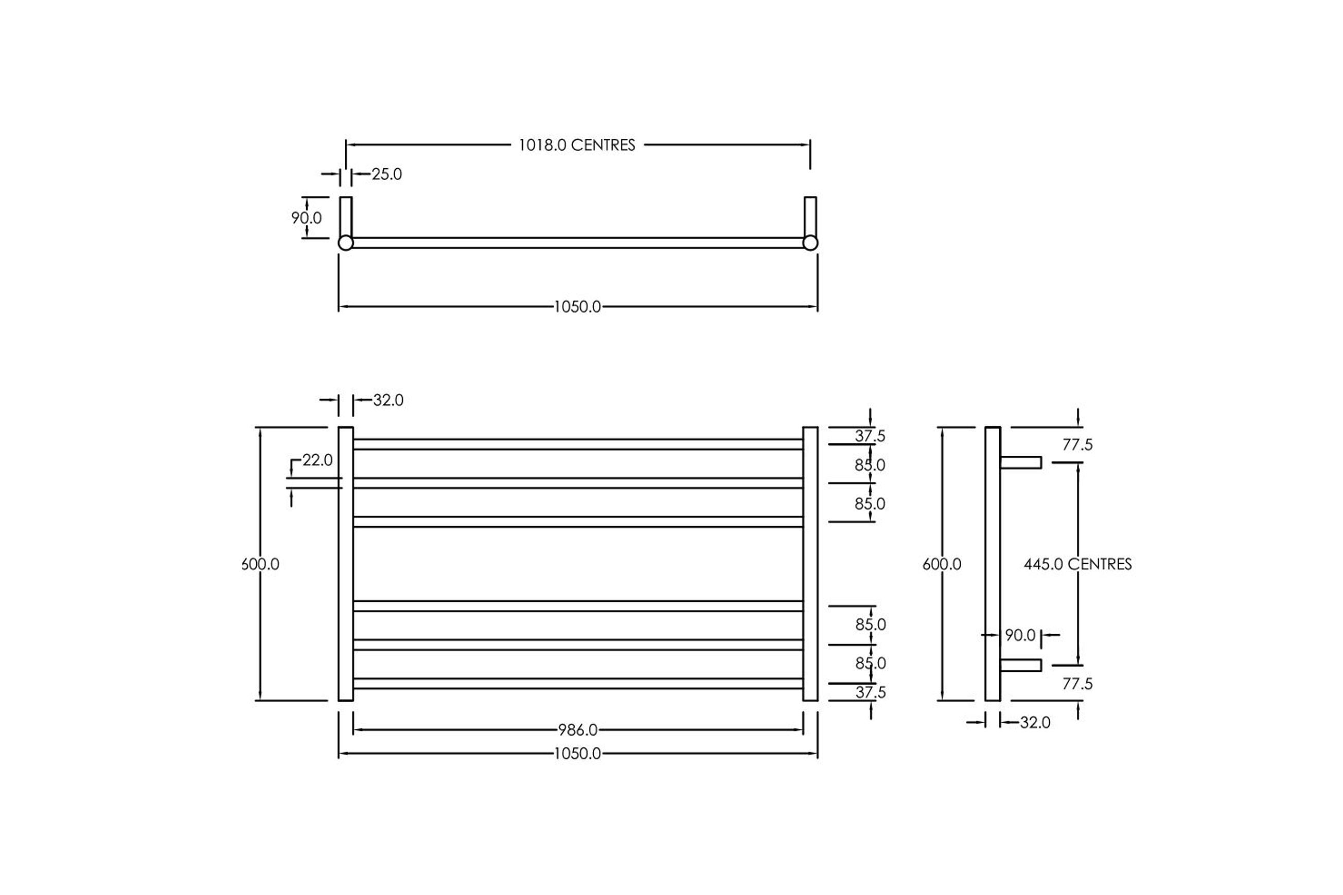 Round Towel Rail 240V 600 x 1050mm Chrome dimensions