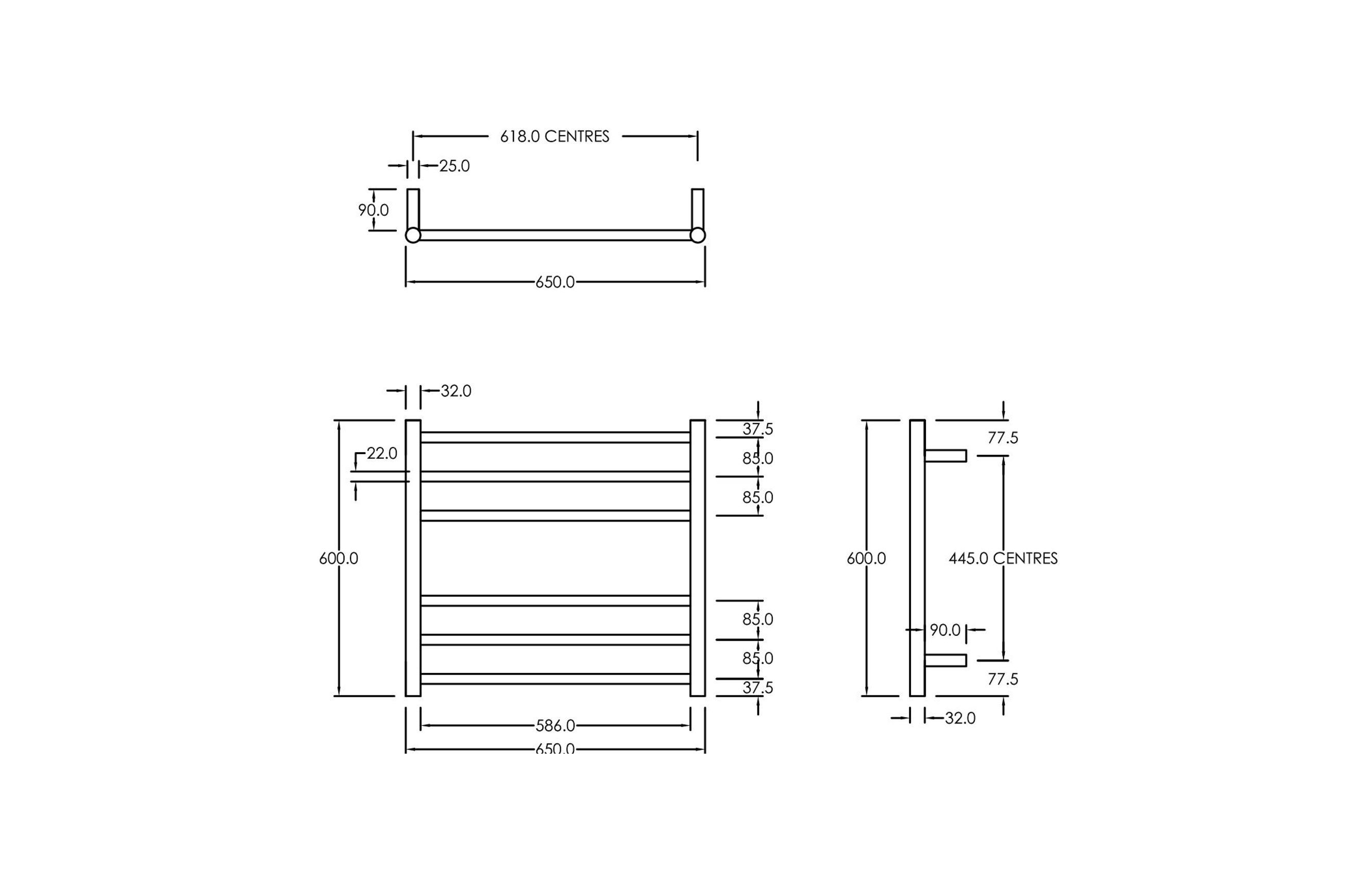 Round Towel Rail 240V 600 x 650mm Satin Black dimensions