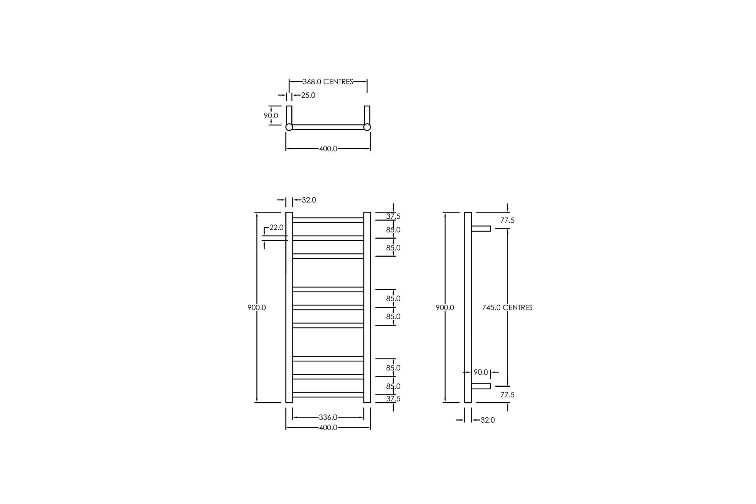 Round Towel Rail 240V 900 x 400mm Chrome dimensions