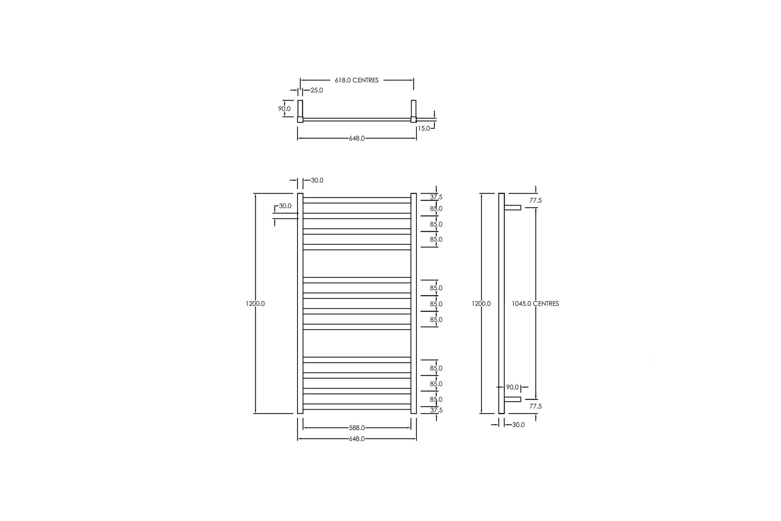 Square Towel Rail 240V 1200 x 650mm Satin Black dimensions