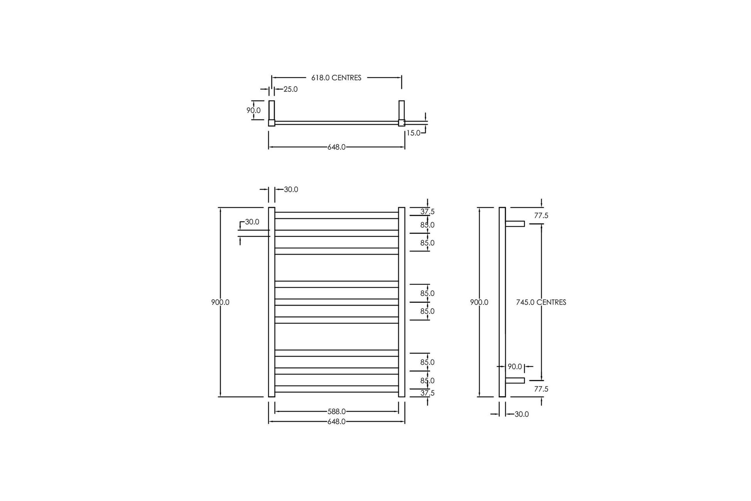 Square Towel Rail 240V 900 x 650mm Gun Metal
