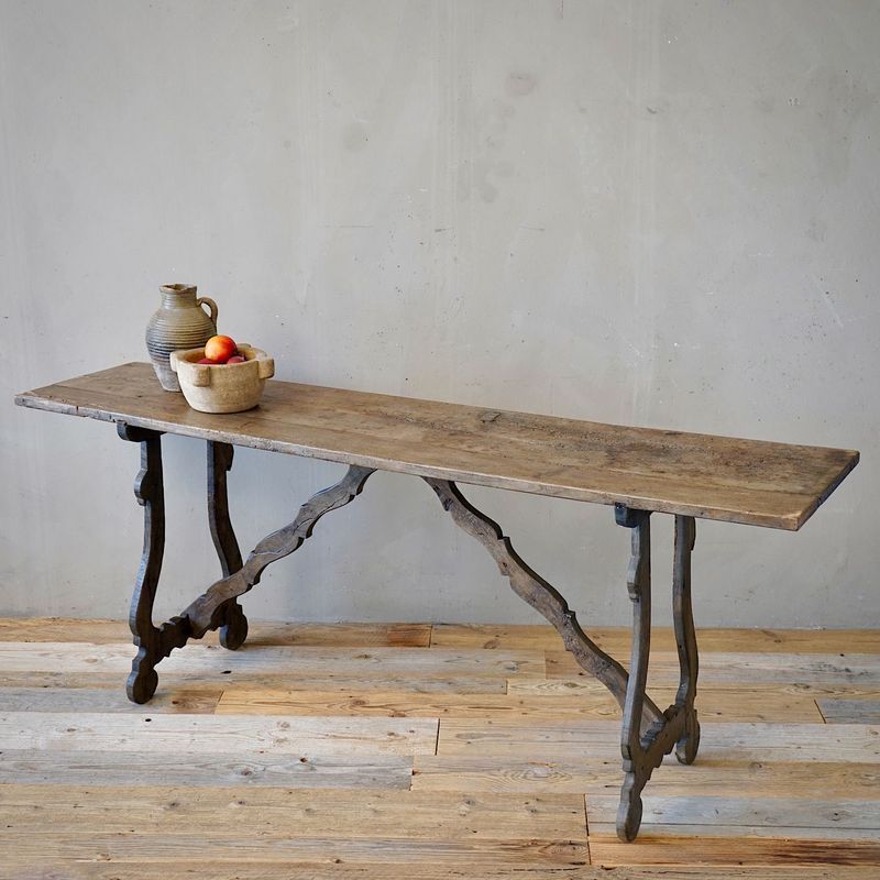 Italian Antique Oak Trestle Console Table