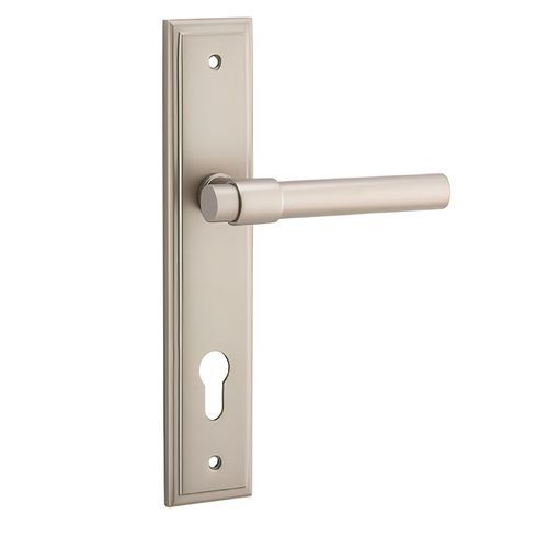Iver Helsinki Door Lever on Stepped Backplate Satin Nickel