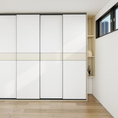 Four White Melamine With Center Panel Sliding Door Set