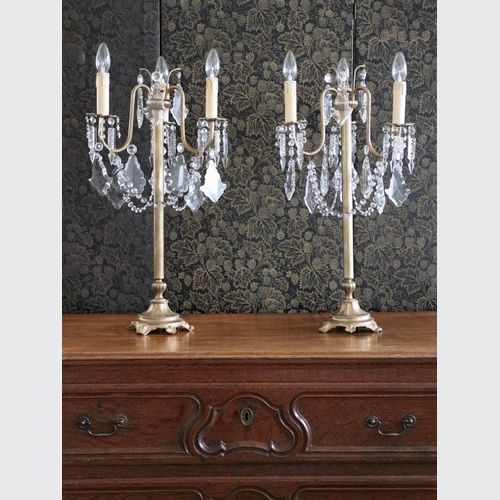 Pair Of Lead Crystal And Brass three Arm Lamps