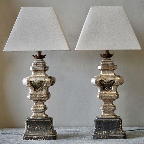 Large Italian Carved & Silvered Lamps