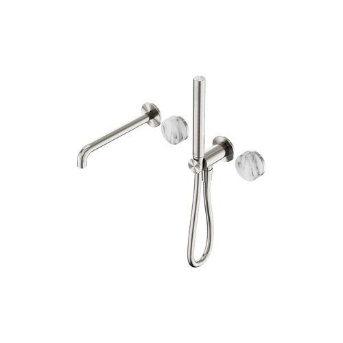 Serenity Shower System Spout Arabescato Corchia Handle And Slim Shower Brushed Nickel