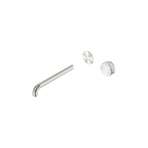 Serenity Wall Basin Mixer 220mm Spout Arabescato Corchia Handle Brushed Nickel