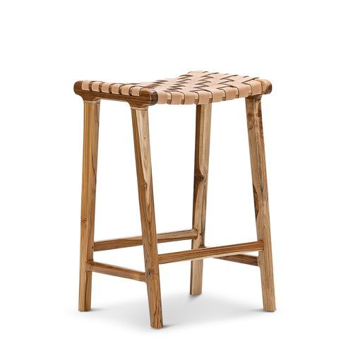 Lazie Leather Strapping Bar Stool | 66cm | Teak & Natural Tan