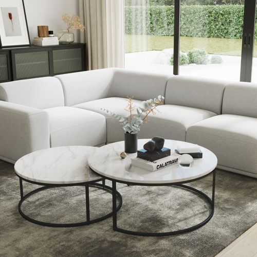 Khloe White Marble Round Nest Coffee Table | Black