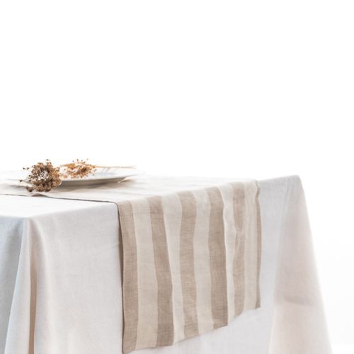 100% French Flax Linen Table Runner-Wide Natural Stripe