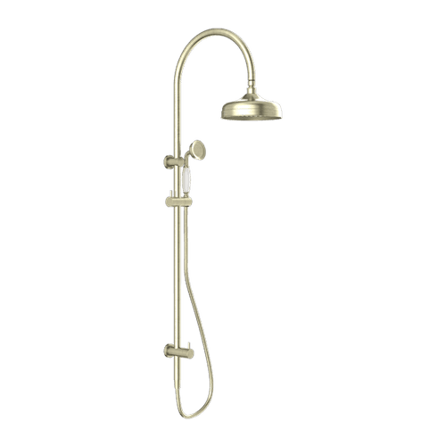 York Twin Shower With White Porcelain Hand Shower Aged Brass