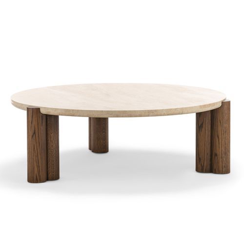 Amaya 110cm Round Travertine Coffee Table | Cream & Brown Oak