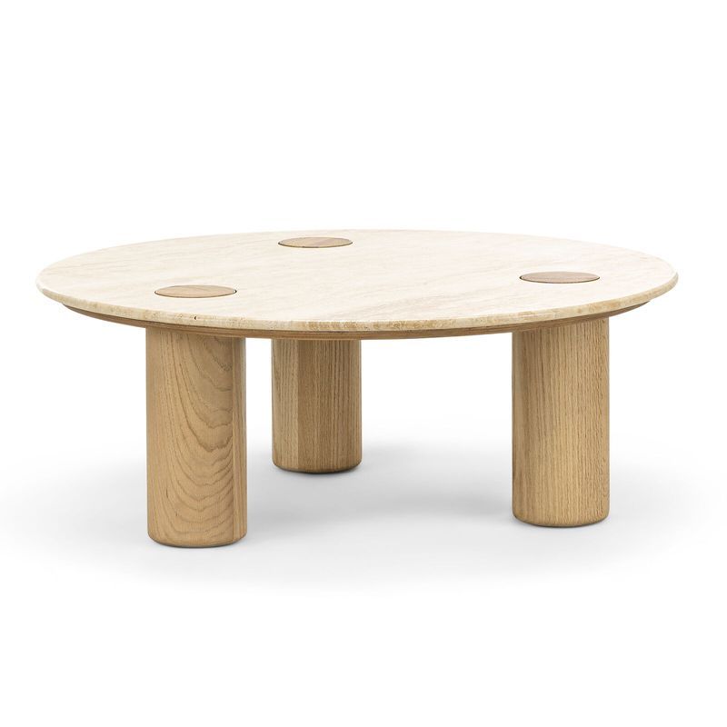 Ayra 100cm Round Travertine Coffee Table | Cream & Natural Oak