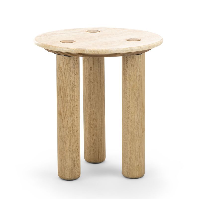 Ayra 45cm Round Travertine Side Table | Cream & Natural Oak