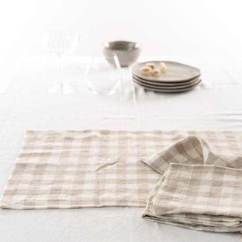 100% French Flax Linen Placemat Set 4- Natural Gingham