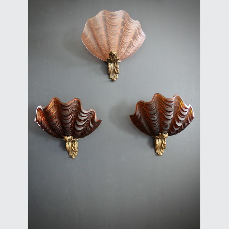 French Art Deco Moulded Glass Clam Shell Wall Sconces