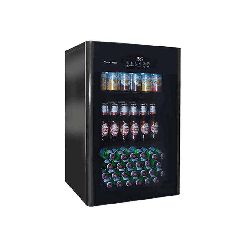 Artusi 100L Freestanding Bar Fridge/ Beverage Centre - Black Glass Door