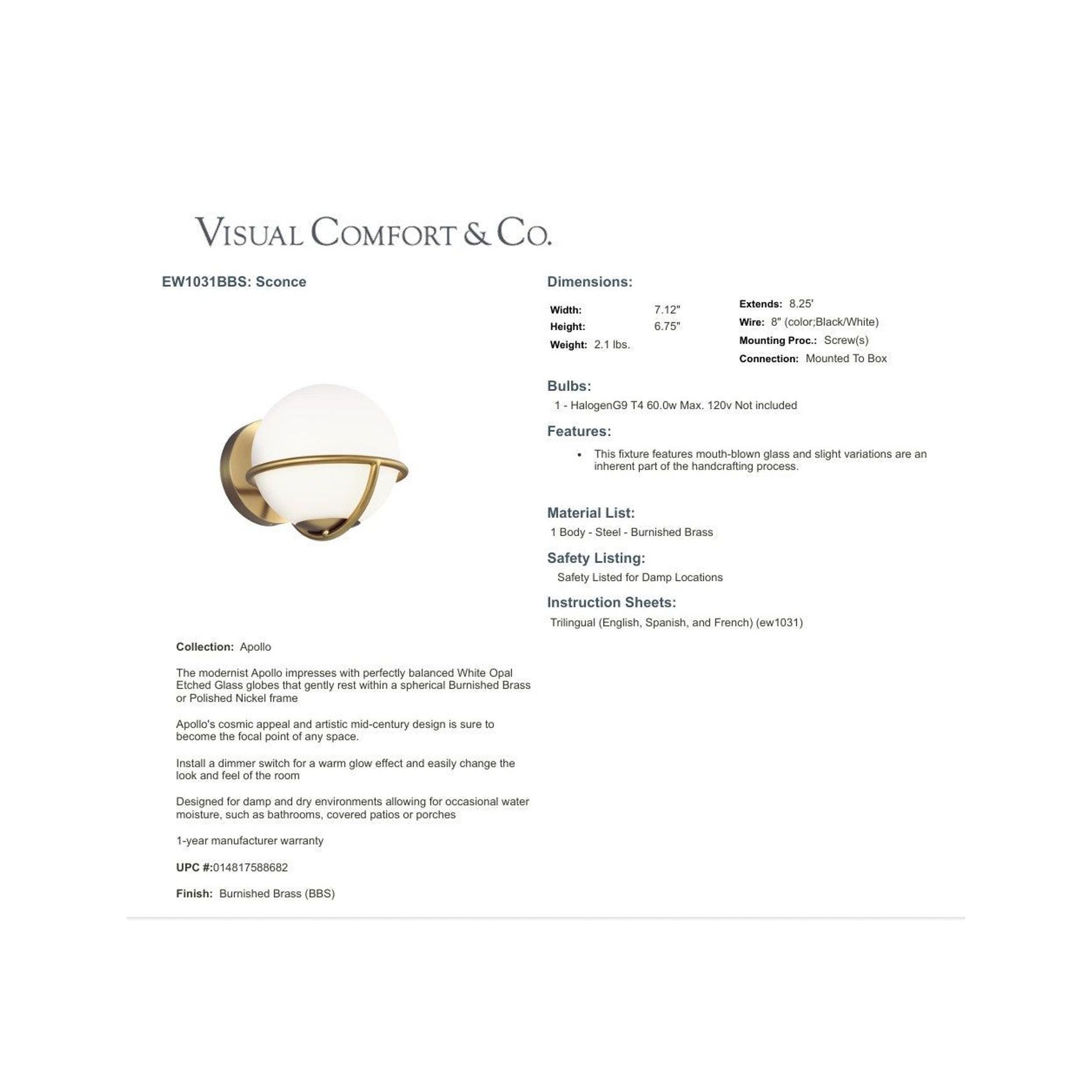 Visual Comfort Studio Apollo Wall Bracket