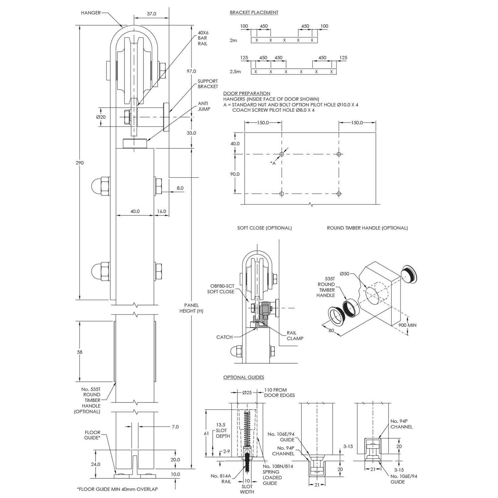 Brio Open Bar Rail Timber 80 2000mm Stainless Steel For Top Hung Straight Sliding Panels OBF80-20