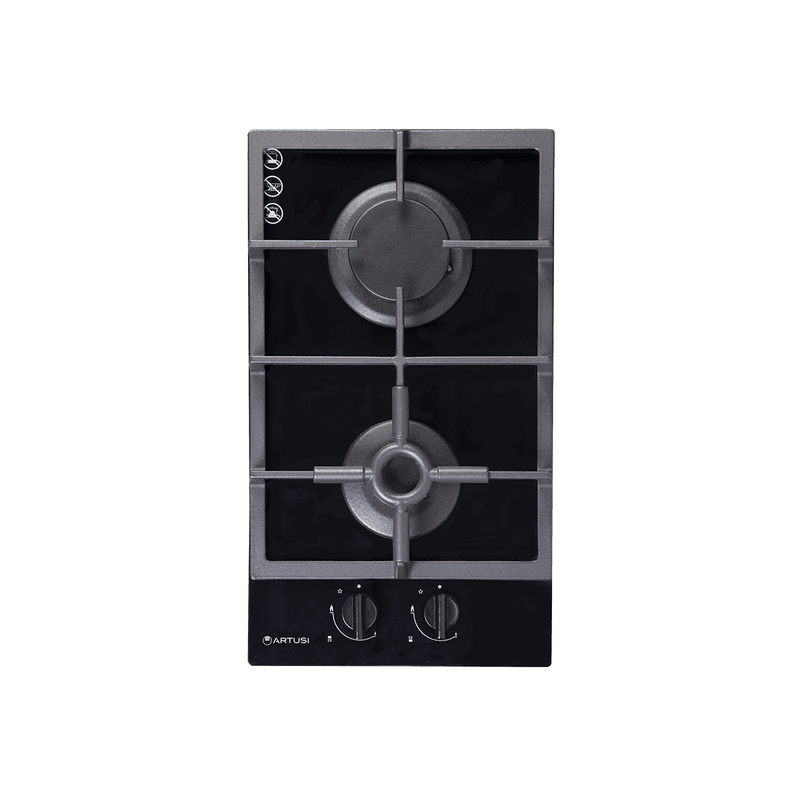 Artusi 30cm Domino Dual Gas Cooktop - With Cast Iron Trivet in Black Glass