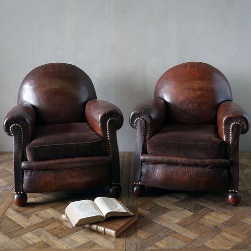 Vintage French Leather Club Chairs (Pair)